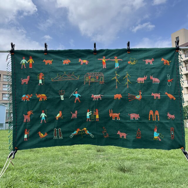 ミャンマー・チン族手刺繍布【グリーン】Lot.2