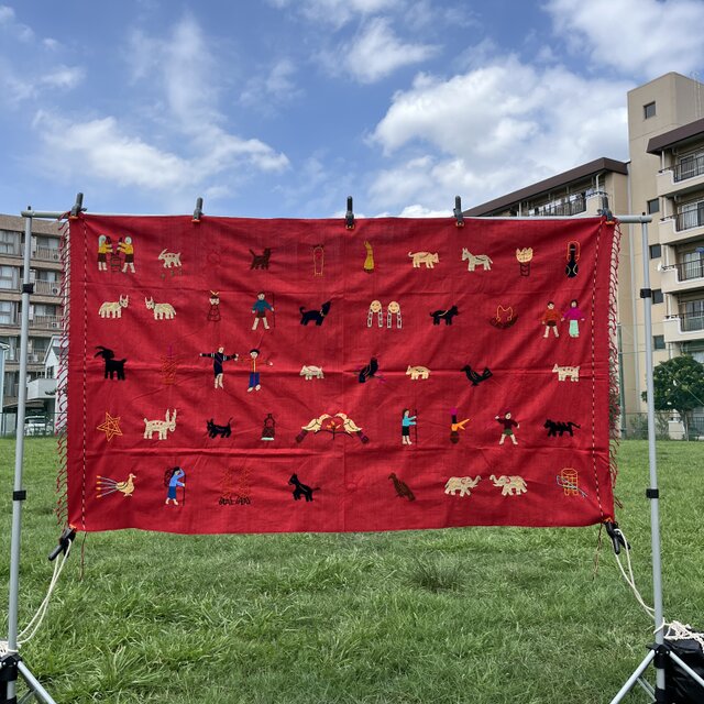 ミャンマー・チン族手刺繍布【レッド】Lot.5