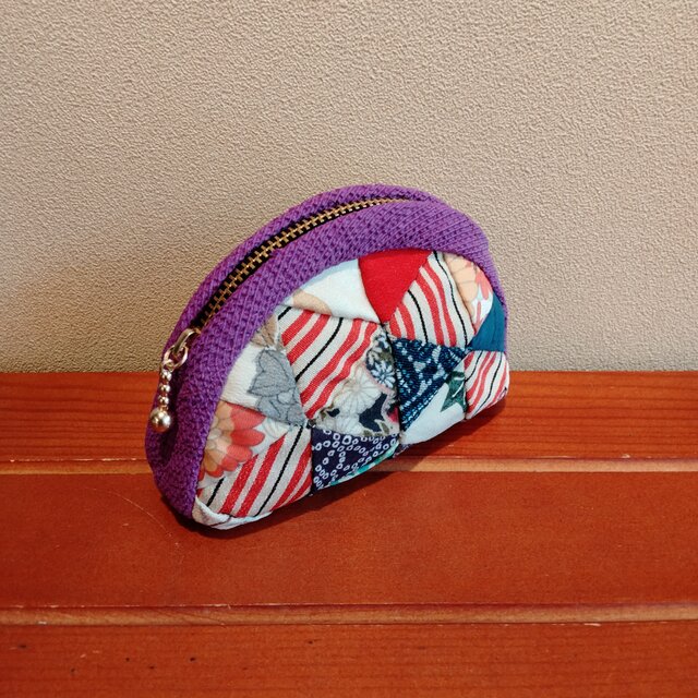 三角モチーフ　着物パッチワーク楕円型ポーチ（中）