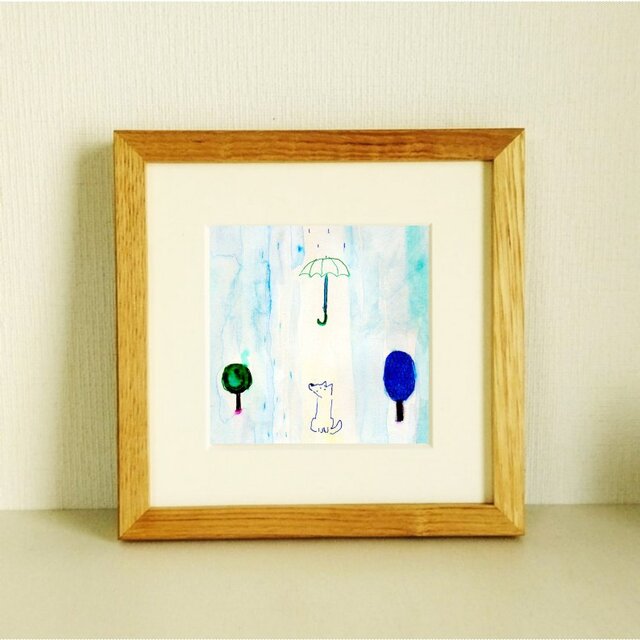 犬の絵｜原画「やさしい雨」 ※木製額縁入り　(18×18㎝フレーム）