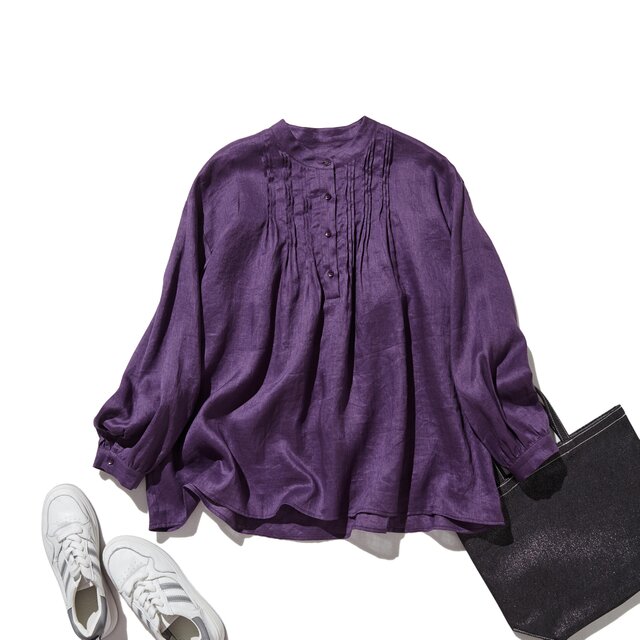 日常に彩りを添えるリネン シャツブラウス　長袖シャツ　リネン100％　紫　250813-2
