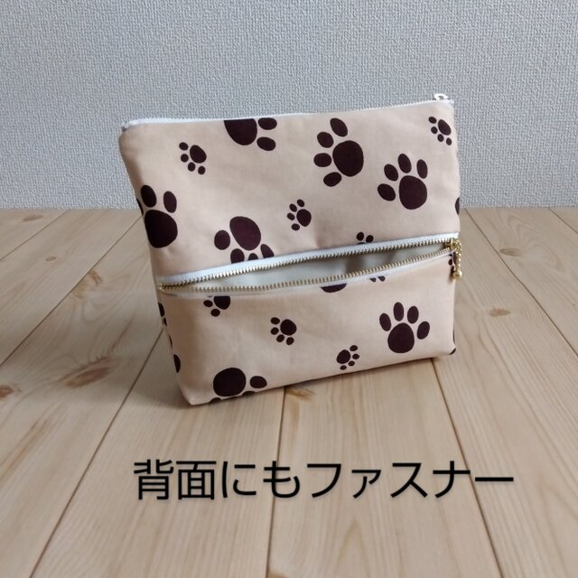 肉球　猫　犬　4段ファスナーポーチ+ポケット　バッグインバッグ　ブラック　714 バゲットバッグ パウ キュイール・マッシュ ⁄ ブラック(B