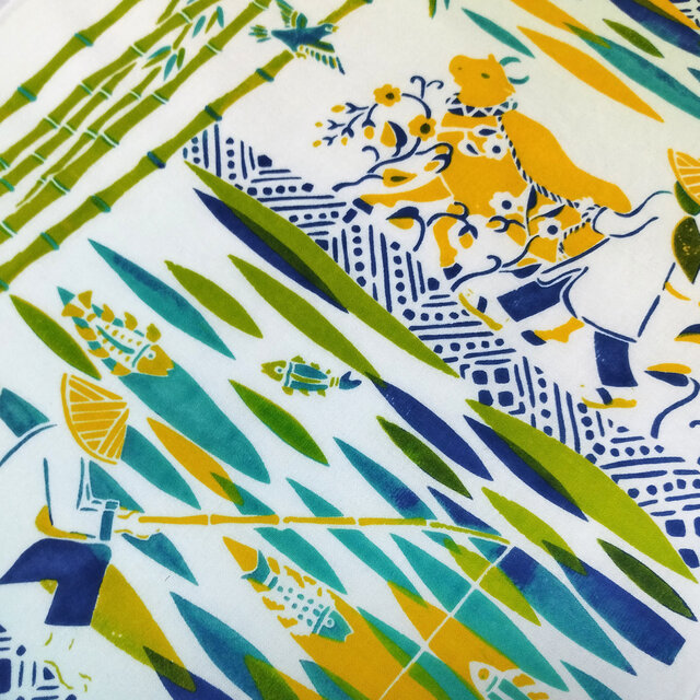 型染めてぬぐい「水辺の時間」（綿100％・手染め捺染）