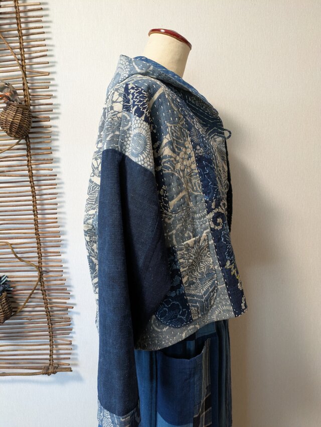 古布リメイク 型染の刺し子ミニフードジャケット 古布 着物リメイク