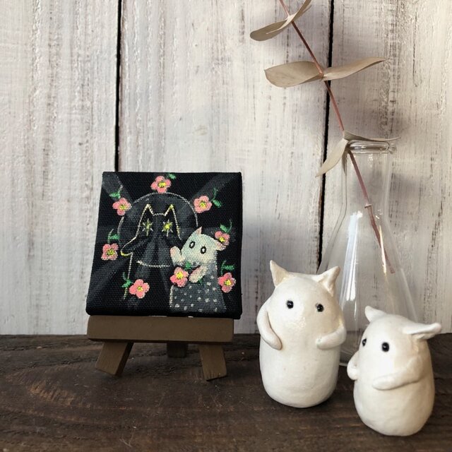 絵本「猫木霊と黒猫木霊」のキャラクター 原画 5cmミニキャンバス イーゼル付 猫木霊グッズ 徳島洋子作品