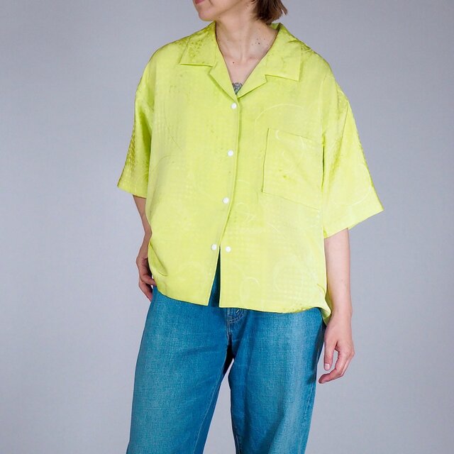 着物リメイク レディース シルクシャツL スナップボタン 正絹着物 オープンカラー ライムイエロー  オーバーサイズ