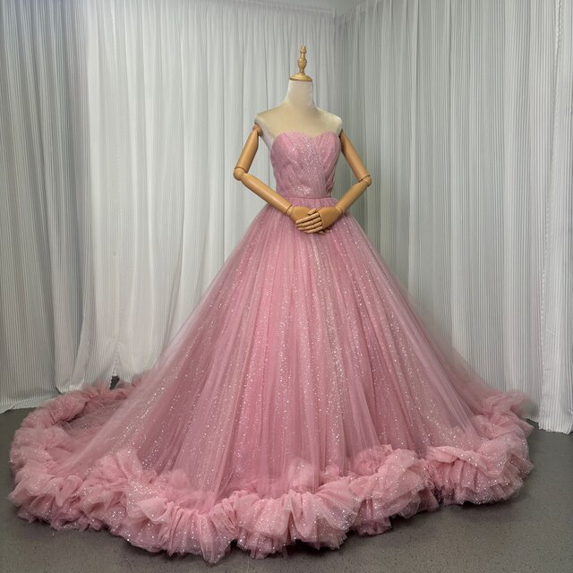 カラードレス ピンク ビスチェドレス キラキラチュール リボントレーン