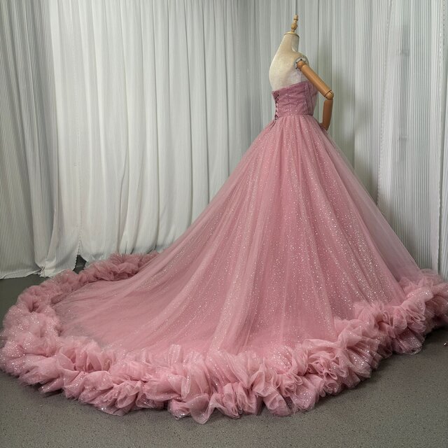 カラードレス ピンク ビスチェドレス キラキラチュール リボントレーン