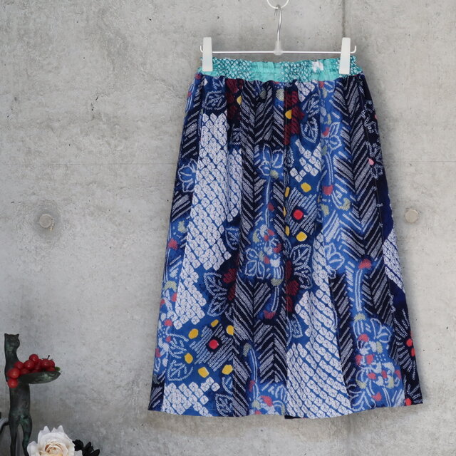 有松絞りのスカート 　パッチワーク　着物リメイク