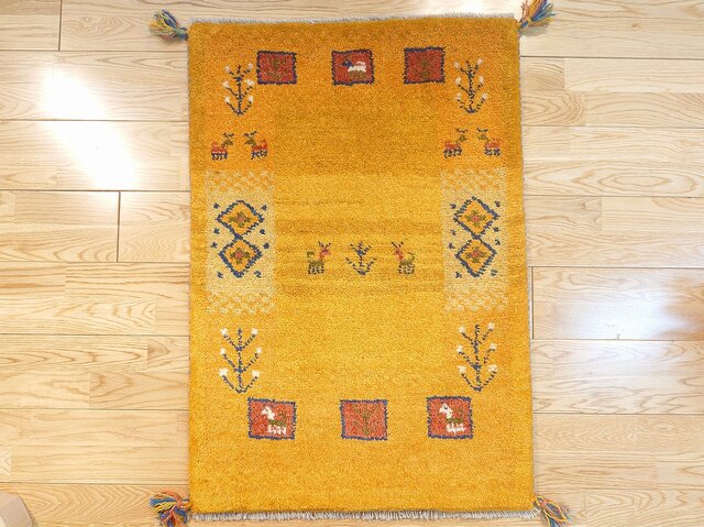 ペルシャ ギャッベ 玄関マット ラグ 90x60cm 黄金色 生命の木