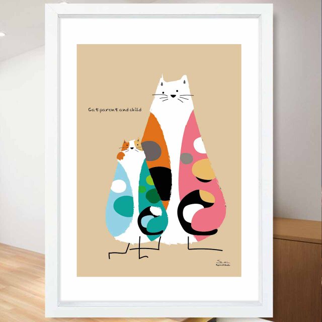 ネコで親子　ネコ　送料無料　イラスト　アート　ポスター　アートポスター  アート/sei検索　 3422