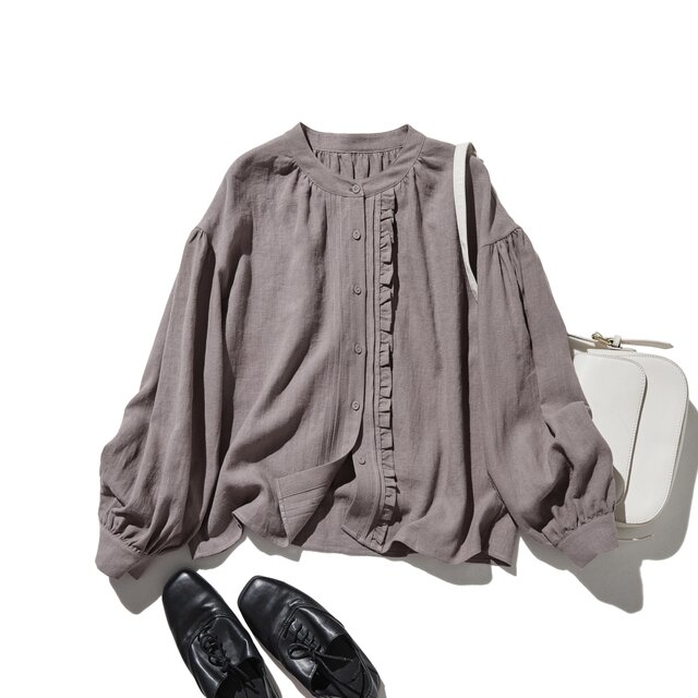 ふんわりアシンメトリー 麻100％カーディガン　長袖ブラウス　灰色　250814-4