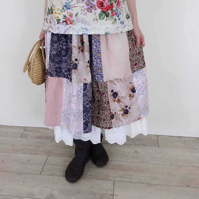 リネンパッチティアードスカート（モーブ） - そよぐ布の物語 -