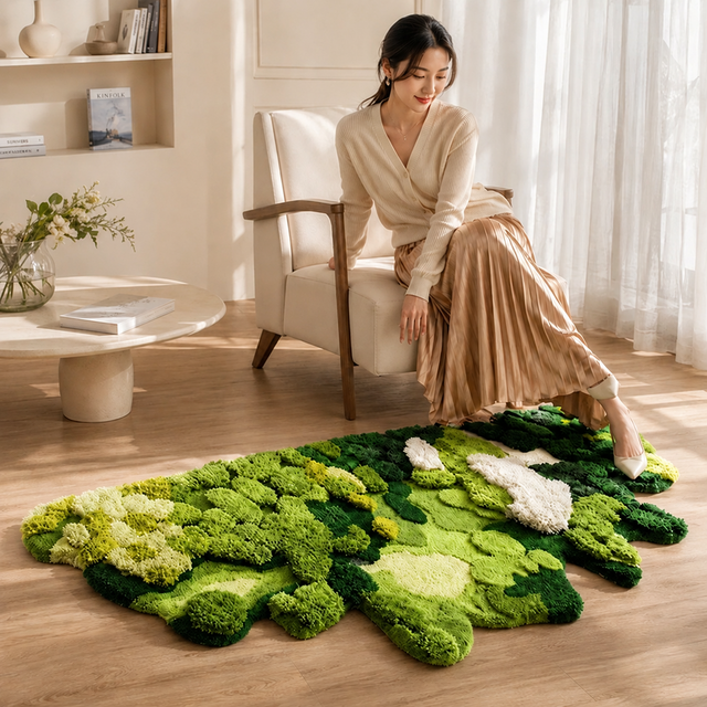 苔むす森の3D立体ラグ「山海織夢」｜ニュージーランドウール・手作業