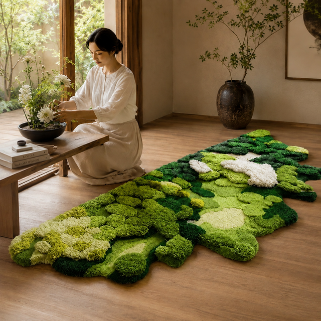 苔むす森の3D立体ラグ「山海織夢」｜ニュージーランドウール・手作業