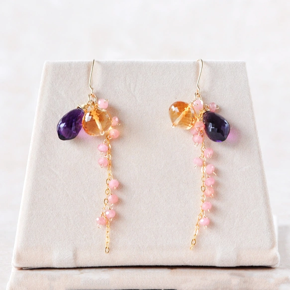 Fleur Bijou（フルール・ビジュー）～シトリン×アメジスト×インカローズの煌めきピアス～14kgf