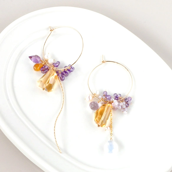シトリンxアメジスト アシンメトリーフープピアス～14kgf | iichi 日々
