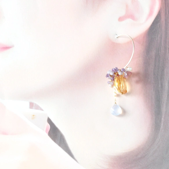 シトリンxアメジスト アシンメトリーフープピアス～14kgf | iichi 日々