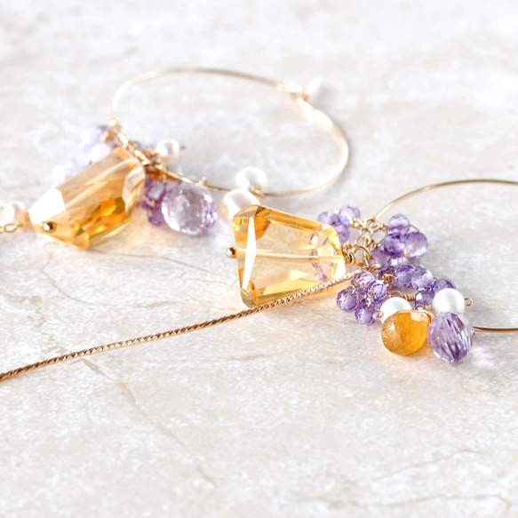 シトリンxアメジスト アシンメトリーフープピアス～14kgf | iichi 日々
