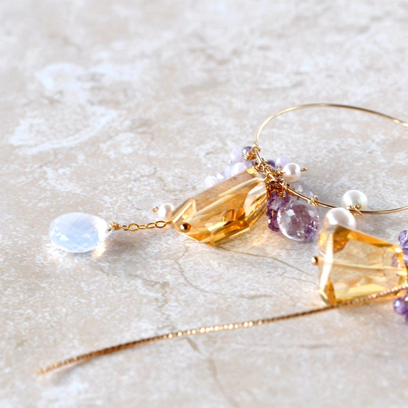 シトリンxアメジスト アシンメトリーフープピアス～14kgf | iichi 日々