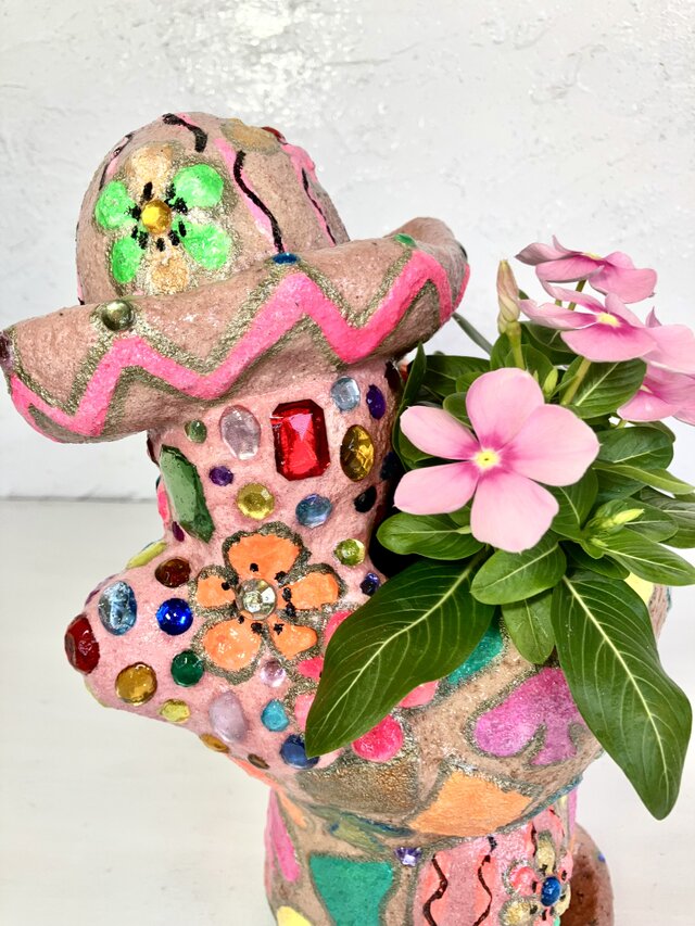 サボテン形 プランターオブジェ手作り キラキラ ピンク セメント