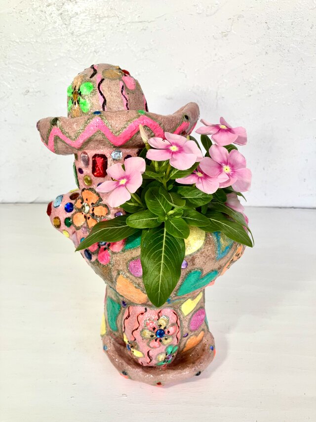 サボテン形 プランターオブジェ手作り キラキラ ピンク セメント