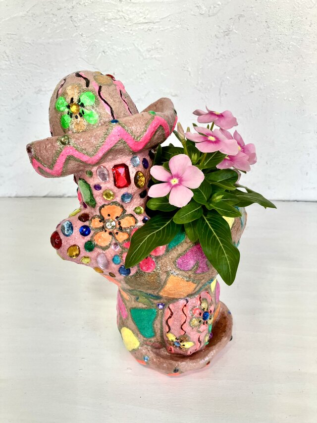 サボテン形 プランターオブジェ手作り キラキラ ピンク セメント