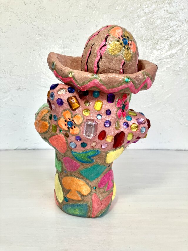サボテン形 プランターオブジェ手作り キラキラ ピンク セメント