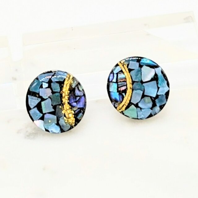 ブルー螺鈿金継ぎ風ラウンドピアスイヤリング2250マグネット