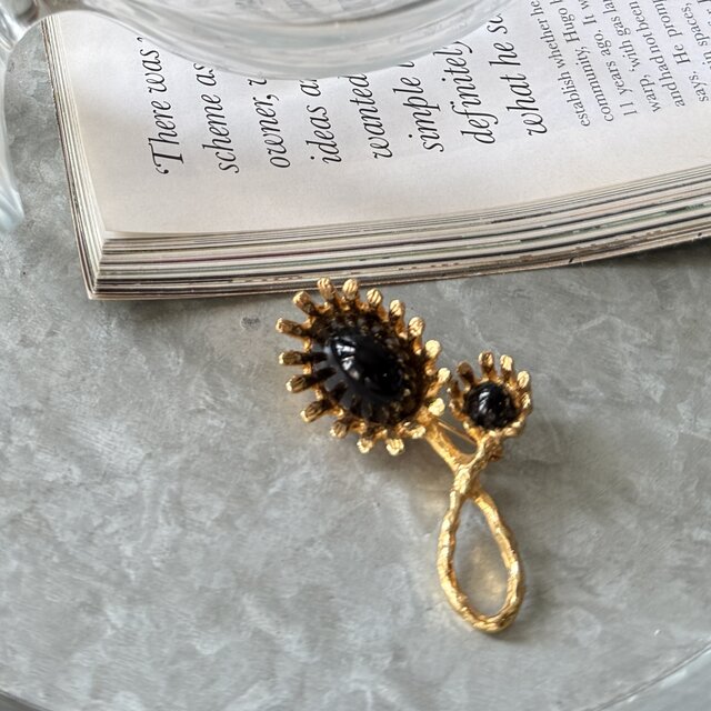 SC144-【 Celebrity NY 】ヴィンテージブローチ U.S.A. Black Glass Cabochon