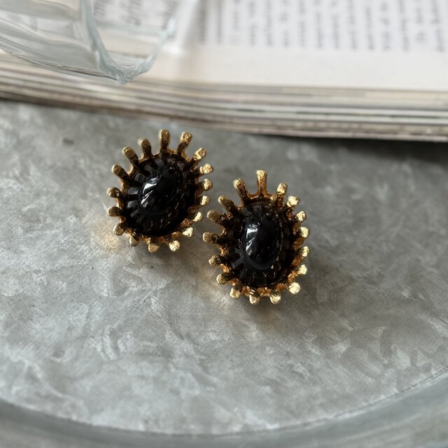 Y1185-【 Celebrity NY 】ヴィンテージイヤリング U.S.A. Black Glass Cabochon