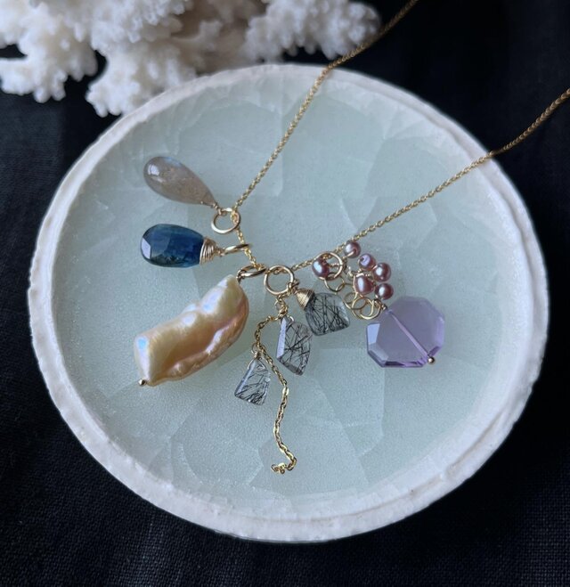 【SALE＊12/16まで】 【K14gf】淡水パールとラブラドライト のつけ替えネックレストップセット［チェーンはつきません］