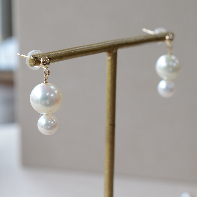 K10 アコヤ真珠を重ねたピアス