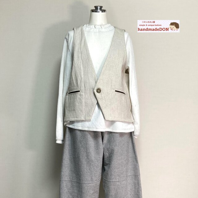 切替ジレ　子猫ポケ◆【コットンリネン刺し子・生成り】◆フリーサイズ　～ベスト・ジレ～