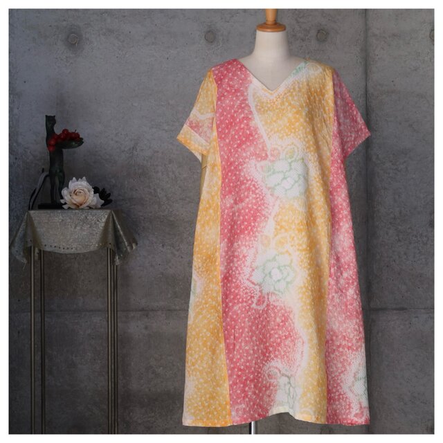 有松絞りのワンピース　　L 〜  フリーサイズ 　 着物リメイク　