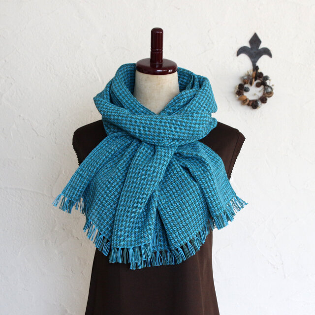 コットン100％チクチクしない手織りストール【ターコイズブルーx