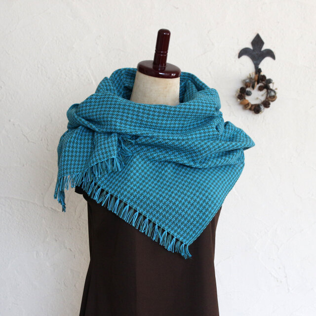 コットン100％チクチクしない手織りストール【ターコイズブルーx