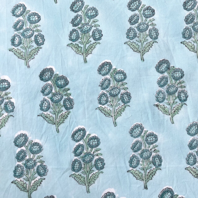 インド ブロックプリント生地 [50cm単位切売] サンガネリ スプレーマム ブルー MT 花 フラワー 菊IF0329