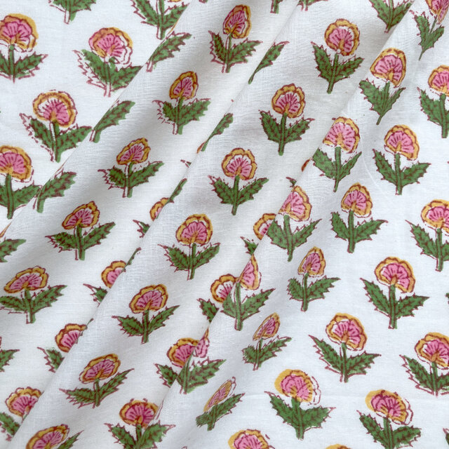 インド ブロックプリント生地 [50cm単位切売] Sanganeri ピーチピンク フラワー 花 IF0328