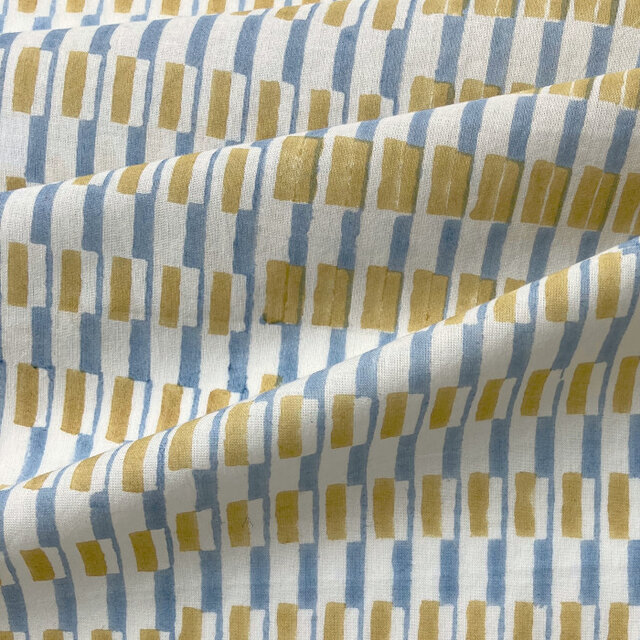 インド ブロックプリント生地 [50cm単位] Sanganeri ストライプブロックパターン 青黄MT IF0332