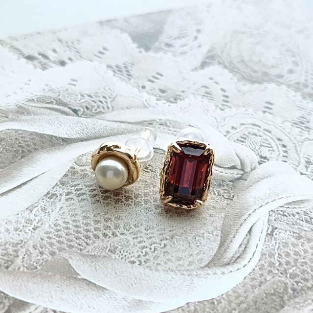 14Kルベライト&ダイヤモンドピアス SV925／k18GP］Hiju-緋珠- ガーネット パール ルベライト ピアス 鎚目