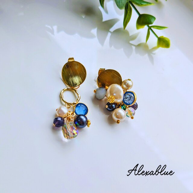 アイオライトたっぷりビジュー アシンメトリーピアス Alexablueオリジナル 結婚式パーティー・ディナーに映えるアクセサリー