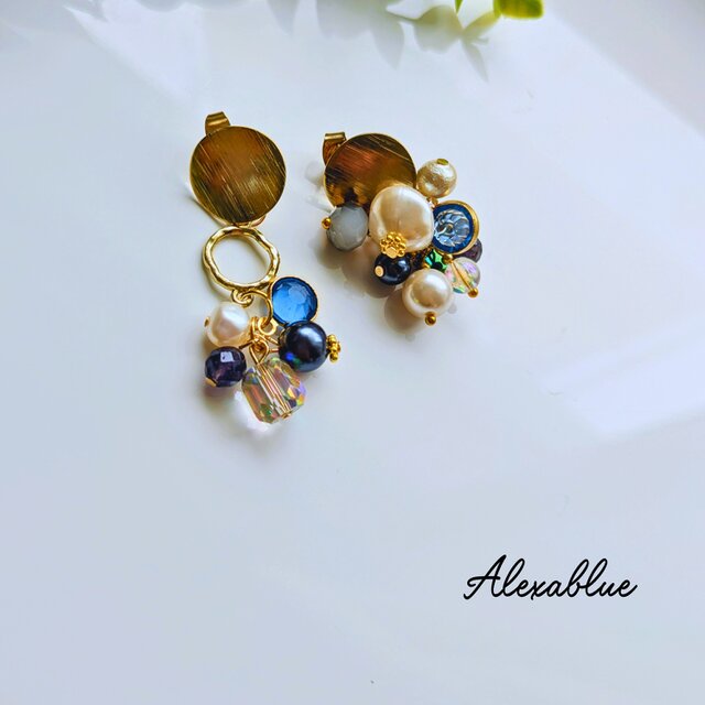 アイオライトたっぷりビジュー アシンメトリーピアス Alexablue