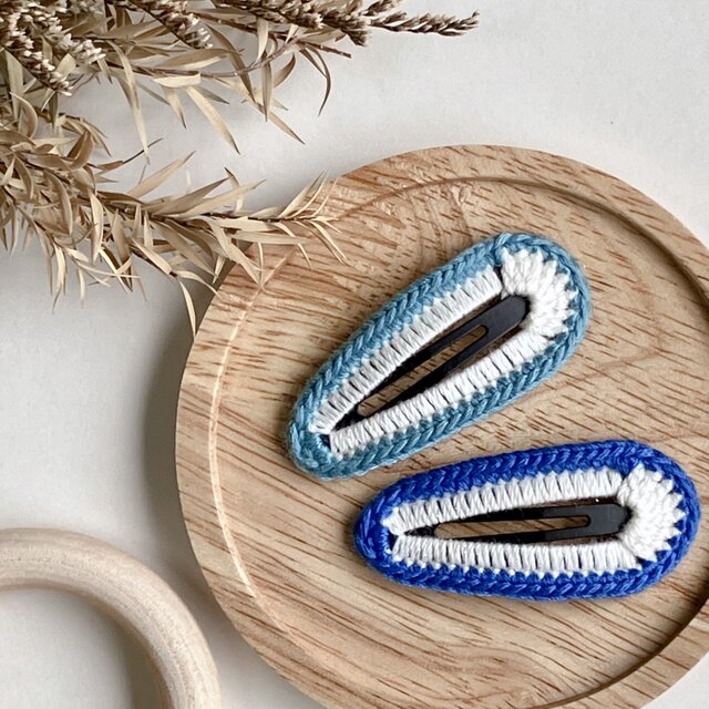 かぎ針編みのヘアピン　ベーシックカラー2コセット　ターコイズブルーandヨーロピアンブルー