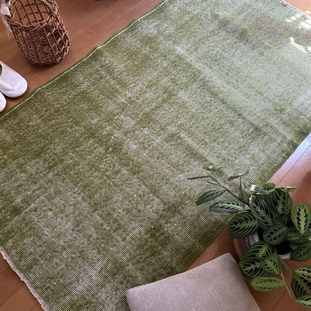 89×159抹茶グリーン　ワンカラーラグ　トルコヴィンテージラグ