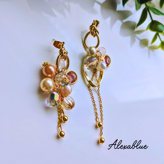 Blooming Rose｜ローズクォーツ × パール × ビーズ｜アシンメトリーピアス シルバー925ポスト