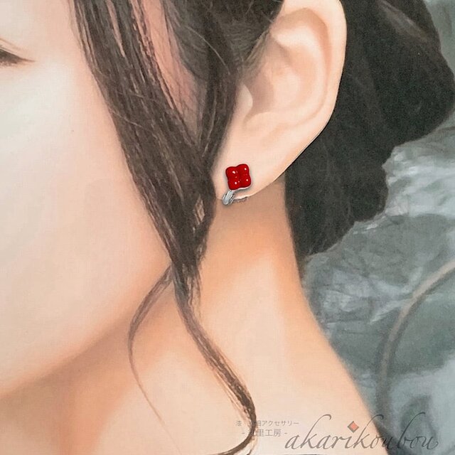 sv925】小さい漆イヤリング 赤 朱漆 四角形 ワッフル 漆アクセサリー