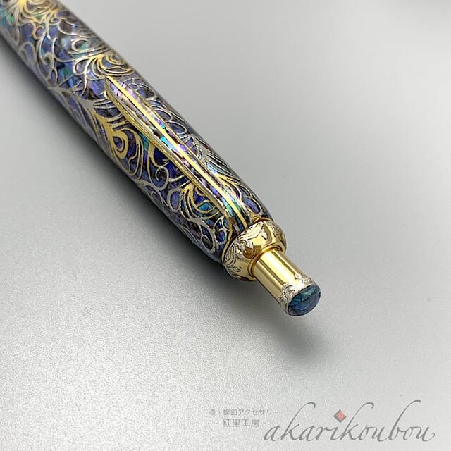 螺鈿ボールペン 孔雀羽根紋様 瑠璃色螺鈿 純金箔 プラチナ箔：金沢箔