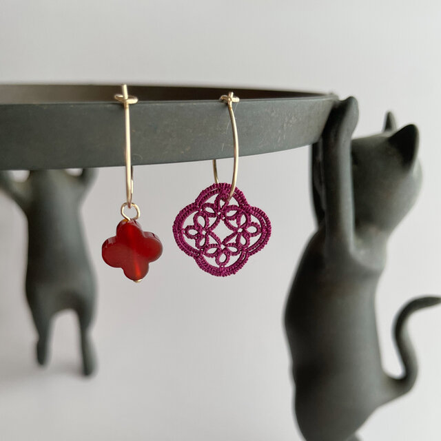 千夜一夜 お花のピアス 絹・カーネリアン14KGF  | tatting lace