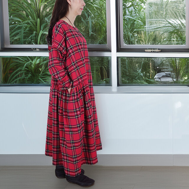 テッキングレッドタータン・サイドギャザーワンピース